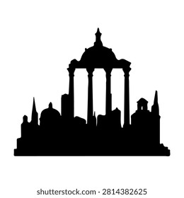 Black silhouette of a historic building featuring a prominent tower and dome, set against a plain white background, emphasizing architectural details.