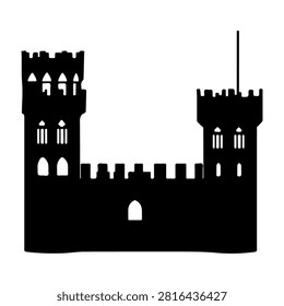 Black silhouette of a historic castle featuring towers, battlements, and a central archway, set against a plain white background.