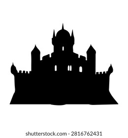 Black silhouette of a historic castle featuring towers, battlements, and a central dome, set against a white background.