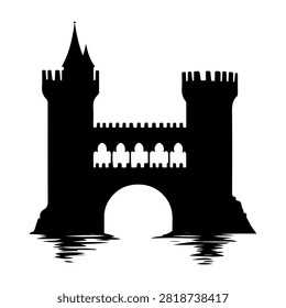 Black silhouette of a historic castle featuring towers and a central arch bridge, reflected in water, emphasizing medieval architecture and fortress design.
