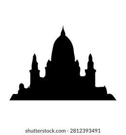 Black silhouette of a historic cathedral featuring domes and spires, set against a plain white background, emphasizing architectural grandeur.