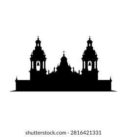 Black silhouette of a historic cathedral featuring twin towers and a central dome, set against a plain white background, emphasizing architectural details.