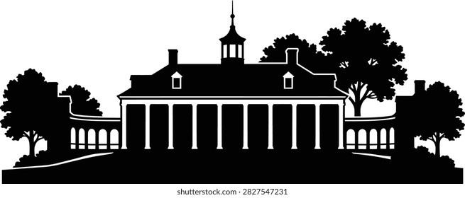Black silhouette of a historic colonial style plantation mansion with columned porch, cupola, and surrounding trees, suitable for heritage tourism, history education, and Americana designs.