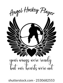 Black silhouette of hockey player with angel wings, In Loving Memory of hockey player, Angel hockey player vector sign