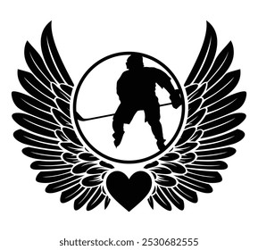 Black silhouette of hockey player with angel wings, In Loving Memory of hockey player, Angel hockey player vector sign