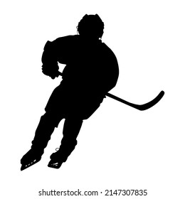 Schwarze Silhouette eines Hockeyspielers mit Hockeystick. Eishockey. Einzige Vektorgrafik einzeln auf weißem Hintergrund. Als Aufkleber, Tätowierung, Druck, Design-Element usw. verwenden.