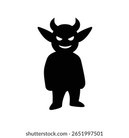 A black silhouette of a horned goblin creature stands against a white background The style is simple and flat vector illustration