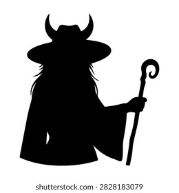 Black silhouette of a horned mythical creature holding a staff, emphasizing its imposing figure and mysterious presence against a plain background.