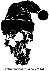 black silhouette of horror santa claus skull with hat pompom.