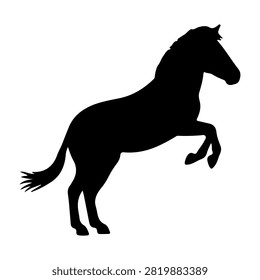Black silhouette of a horse in a dynamic pose, showcasing strength and elegance, set against a plain white background.