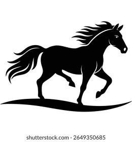 A black silhouette of a horse in mid-gallop, with its mane and tail flowing. The horse is depicted against a white background, standing on a curved black line representing the ground.