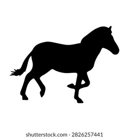 Black silhouette of a horse in mid-stride, capturing the dynamic movement and elegance of the animal against a plain white background.