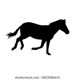 Black silhouette of a horse in mid-stride, showcasing dynamic movement and grace, isolated on a plain background for versatile use.
