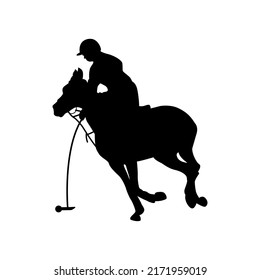 Black silhouette of horse polo player riding the galloping horse with mallet