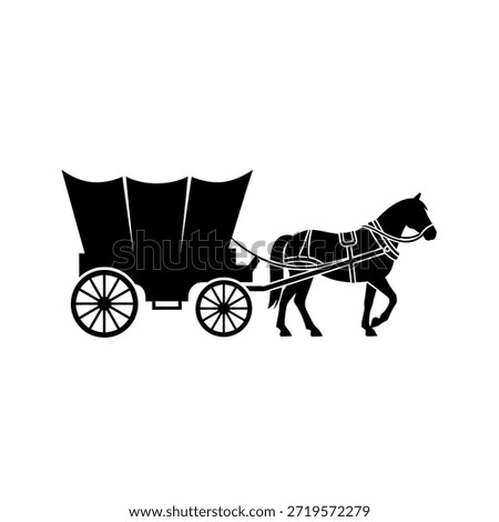 A black silhouette of a horse pulling a covered wagon, isolated on a clean white background.