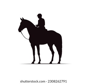 Black silhouette of a horse with a rider on a white background. Vector illustration