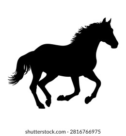 Black silhouette of a horse running, showcasing dynamic movement and grace, set against a plain white background.