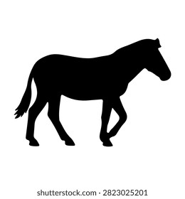 Black silhouette of a horse walking, showcasing its graceful posture and flowing tail against a plain white background.