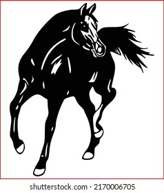 Black silhouette horse wild or domestic animal running with head looks back cartoon design flat vector illustration isolated on white background - Vector