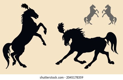  black silhouette,  horses circus on colored background, horse show