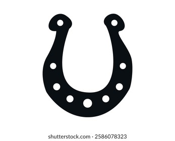 Black Silhouette of Horseshoe isolated on White Background. Concept of Luck Symbol, Fortune Charm, Equine Equipment, Minimalist Design. Decorative Element for Good Fortune Iconography, Horse Theme