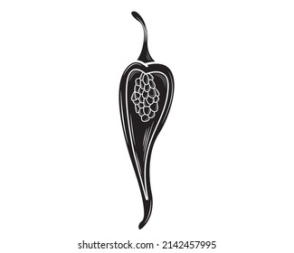 Black silhouette Hot chili peppers, slices and seeds, on a white background. Vector illustration.