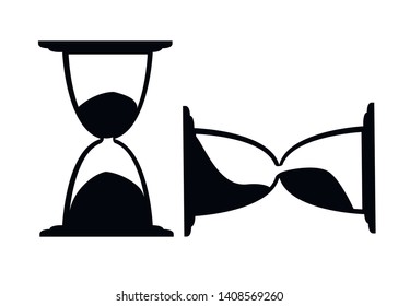 Black silhouette. Hourglasses icon. Flat vector illustration isolated on white background. Antique time measurement. Transparent glass. Vertical and horizontal hourglasses.