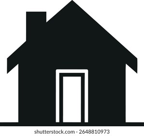 black silhouette of a house with a chimney and a doorway. This iconic symbol represents home, shelter, and real estate.
