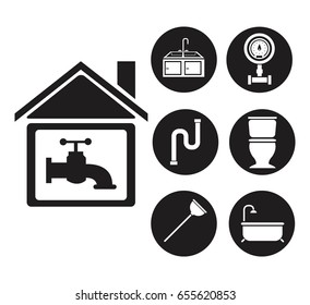 black silhouette house with faucet and set icons plumbing