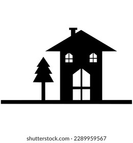 Black silhouette of house with fir trees. roof and chimney, vector icon on a white background