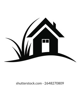 Black silhouette of a house on a gently curved grassy landscape against a white background. Simple vector illustration style.