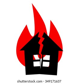 Black silhouette of  house with red flame like as conflagration