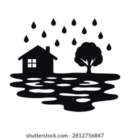 Black silhouette of house and tree flooded with rain drops falling from clouds