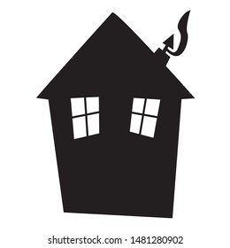 black silhouette of a house with two windows and chimney rising from the smoke.  Vector illustration.