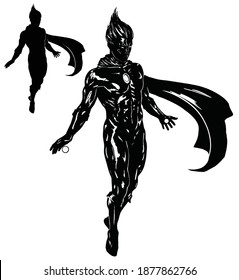 A black silhouette hovering in the air of a muscular all-powerful superhero in a shiny suit, he has a long cloak swaying in the wind, in his hands spheres of energy . 2d illustration.