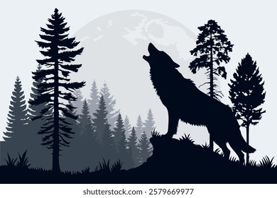 Black Silhouette of a Howling Wolf Among Tall Trees Under a Full Moon