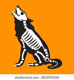 Black silhouette howling wolf animal, fairy tale Halloween character in X-ray radiation. Creepy shadow outline of nocturnal werewolf scarecrow. Black and white vector isolated on orange background