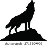 Black silhouette of a howling wolf on a rock white