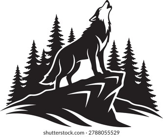 Black silhouette of howling wolf on mountain with pine trees backdrop.