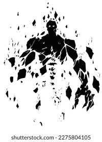 The black silhouette of a huge creepy golem gathering from stone fragments levitating in the air, his eyes glow and his spine is visible 2d fantasy vector art