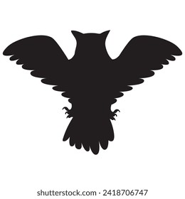 Schwarze Silhouette riesige fliegende Adler Eule Tierkörper, Märchen Halloween Charakter. Schattenspur der nächtlichen Uhenkrarektur. Einfache, schwarz-weiße Vektorgrafik einzeln auf weißem Hintergrund