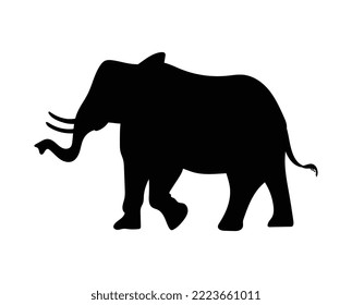 Black silhouette of huge going elephant flat style, vector illustration isolated on white background. African or Indian mammal, tusks, decorative design element