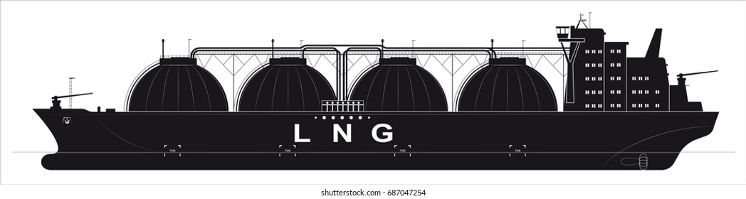 Black silhouette of a huge ocean tanker for liquefied gas. Traced details.