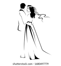 Black silhouette of huging groom and bride, wedding design on white  background vector illustration,lovers logo, new family icon