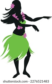 Schwarze Silhouette der Hula-Tänzerin mit grünem Grasrock und Lei aus Blumen einzeln auf weißem Hintergrund