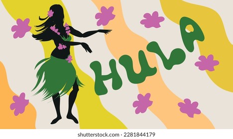 Black silhouette of hula dancer with green grass skirt and lei of flowers on colored background