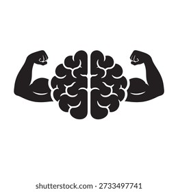 Black silhouette of a human brain with flexed muscular arms on white background mind strength power.eps