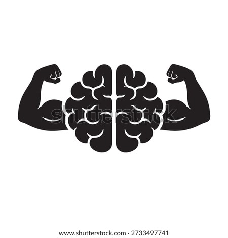 Black silhouette of a human brain with flexed muscular arms on white background mind strength power.eps