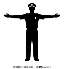 A black silhouette of a human figure with arms extended outward, emphasizing body shape and posture against a plain background.