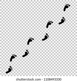 Black silhouette of human footprint path isolated on transparent background. Foot prints diagonal trail. Vector illustration, clip art.